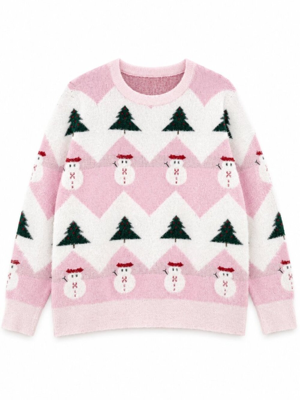 Pink Christmas Snowman & Christmas Tree Fuzzy Sweater XXL | Soft Holiday